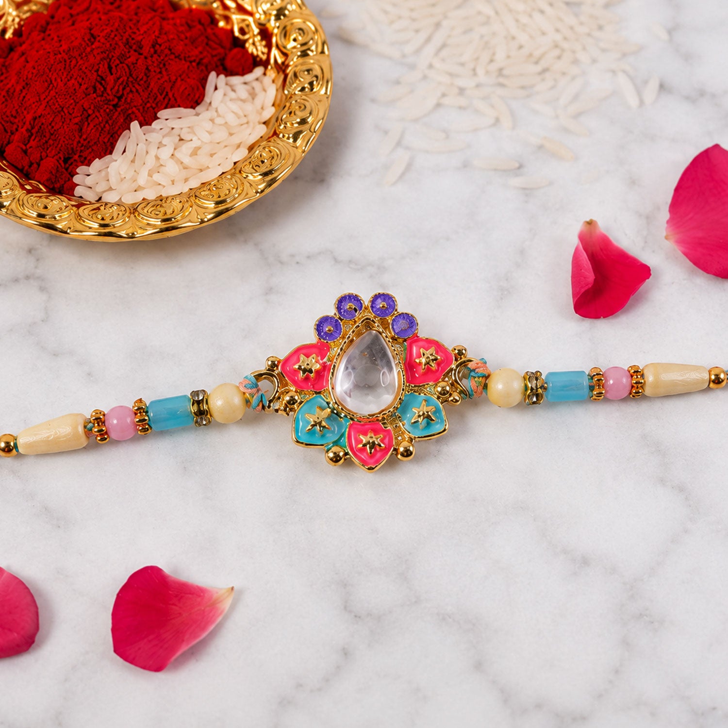 Multicolor Floral Kundan Pendant Rakhi with Pastel Beads