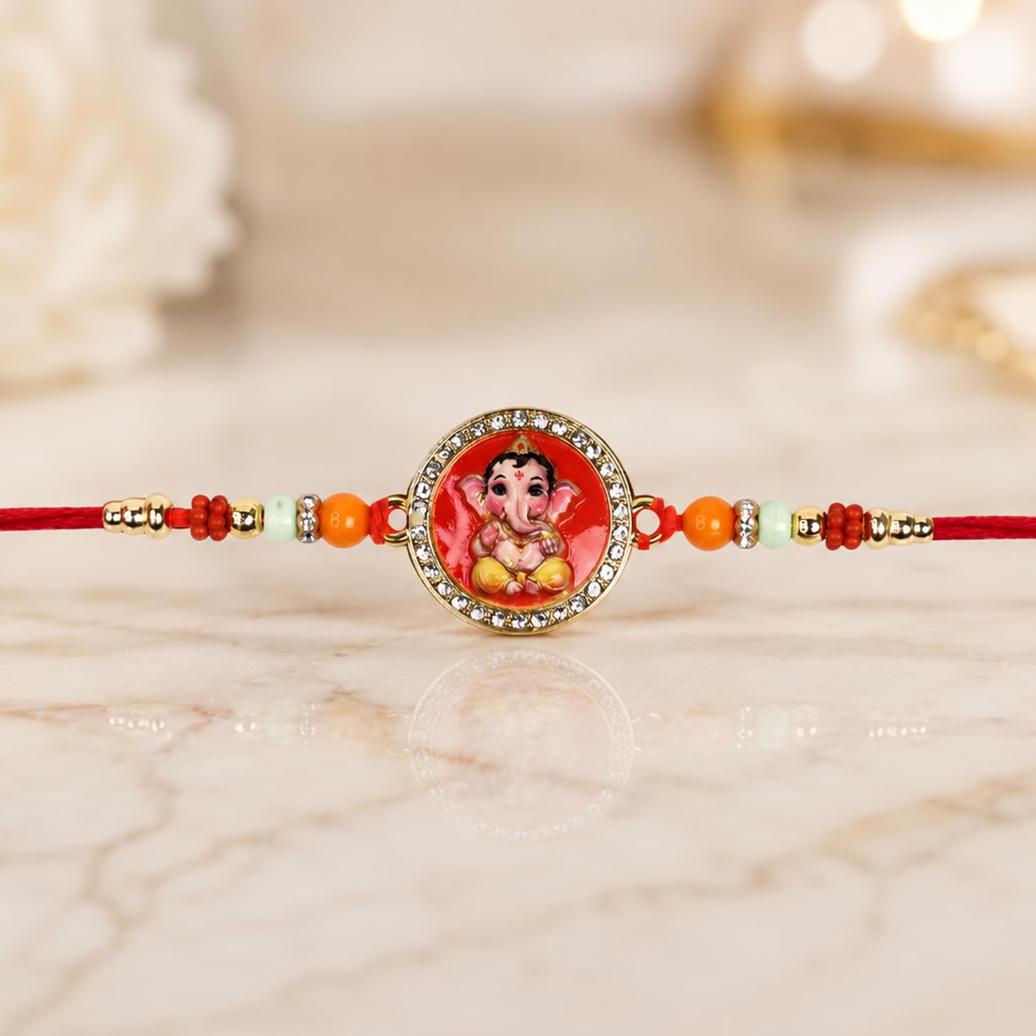 Ganesha Beads Rakhi for Brother with Tilak Set & Greeting Card, Rakhi Set (V11)