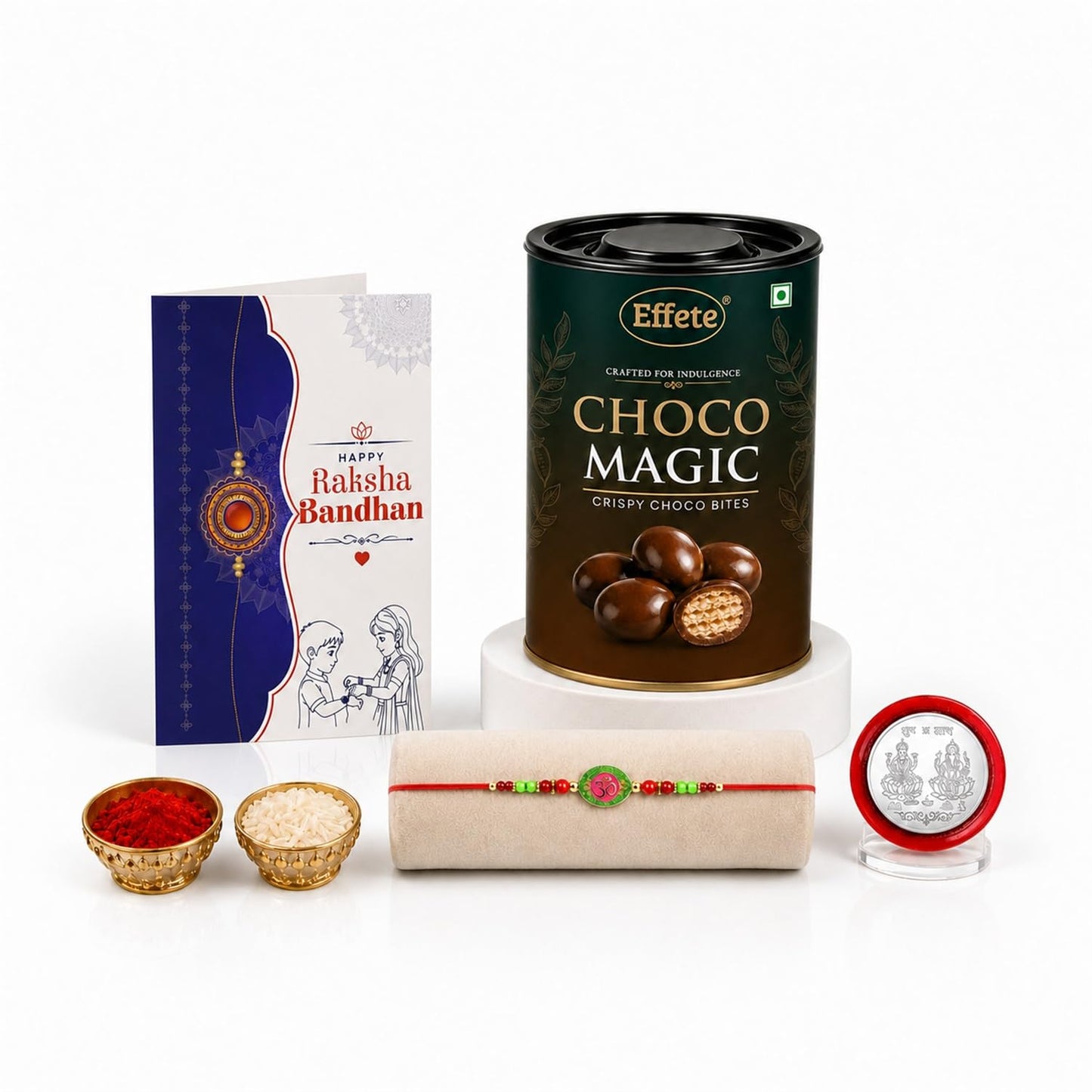 Om Rakhi for Brother with Choco Magic 96gm, Roli Tikka & Greeting Card, Pack of 5