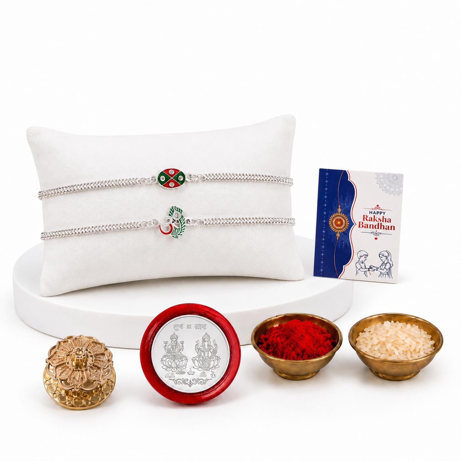 OM Multicolor Rakhi for Brother & Bhaiya with Golden Pooja Kankavati | Pack of 6