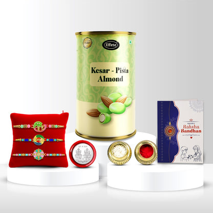 Designer Rakhi for Brother with Kesar-Pista Almond 96gm, Coin & Card | Pack of 3