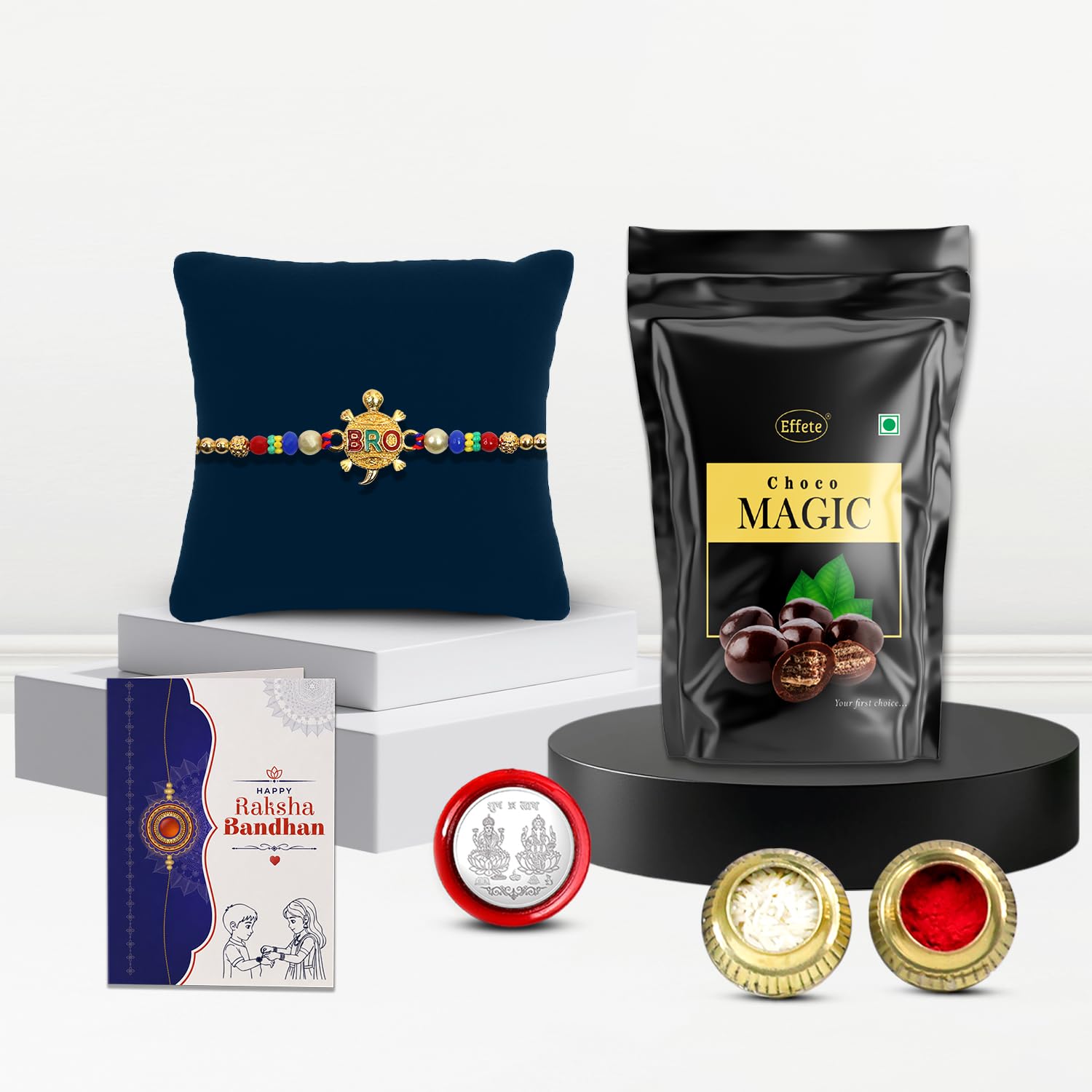 Rakhi with Chocolate for Brother – Raksha Bandhan Combo with Turtle Rakhi, Chocolate, Roli Chawal, Silver Color Pooja Coin & Greeting Card – Traditional Festival Celebration Set (Pack of 5)
