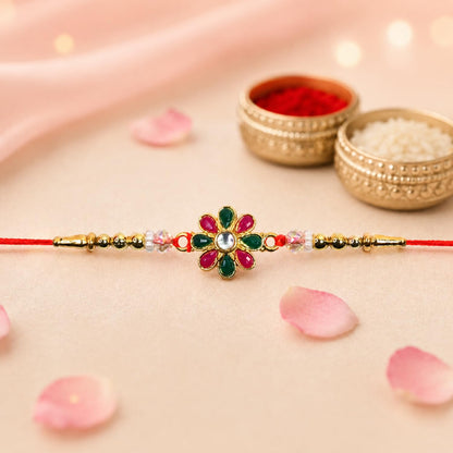 Flower Rakhi for Brother with Chocolate Magic 32gm, Roli Chawal & Card, Pack of 5