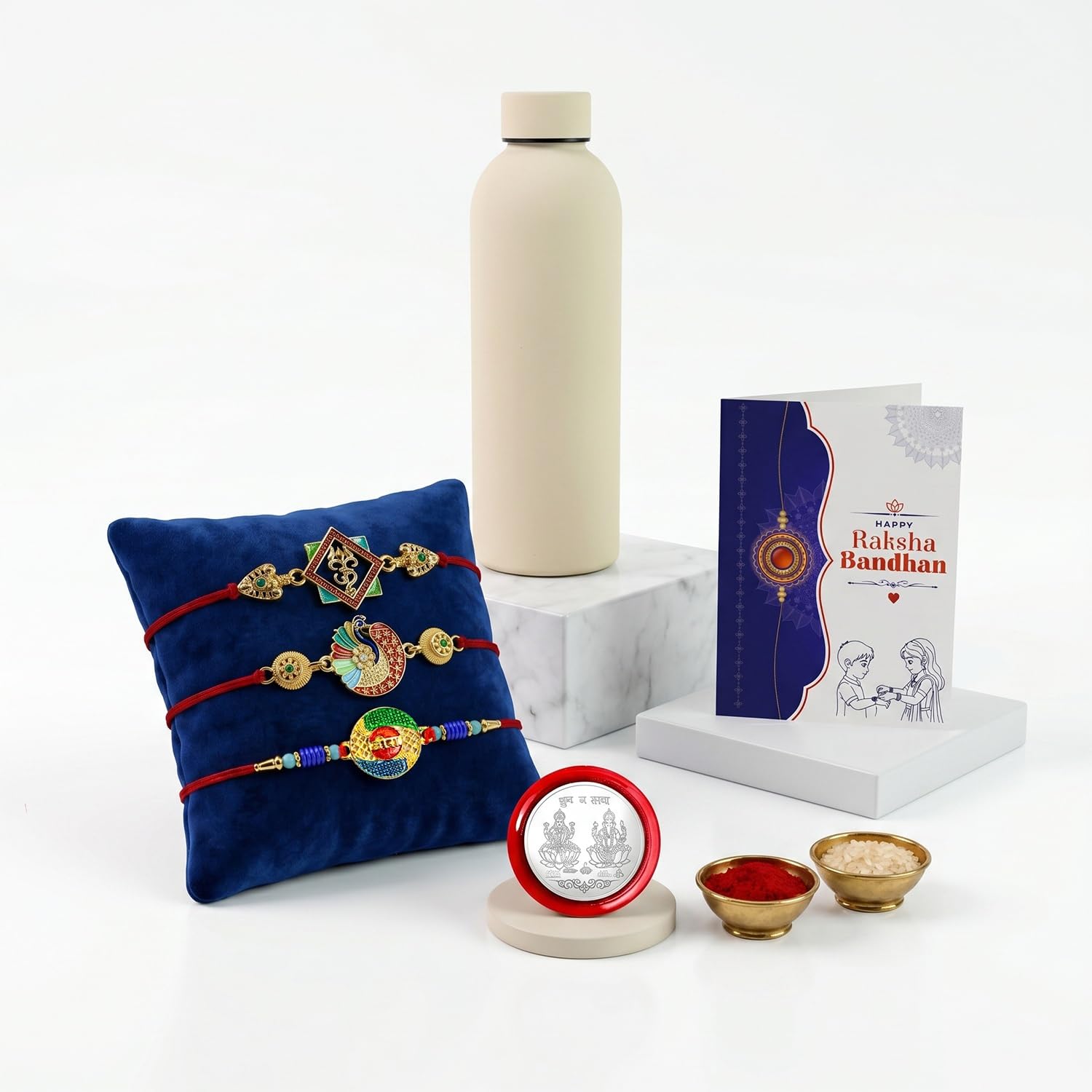 Om, Divine Rakhi Combo - Raksha Bandhan Gift with SS Water Bottle 500ml, Pack of 7