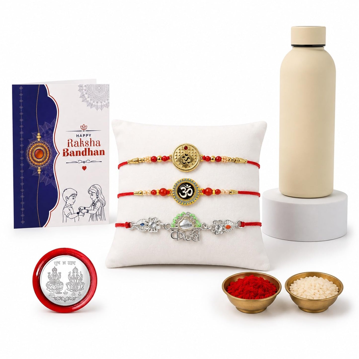 Om, Kanha Rakhi Combo - Raksha Bandhan Gift with SS Water Bottle 500ml, Pack of 7