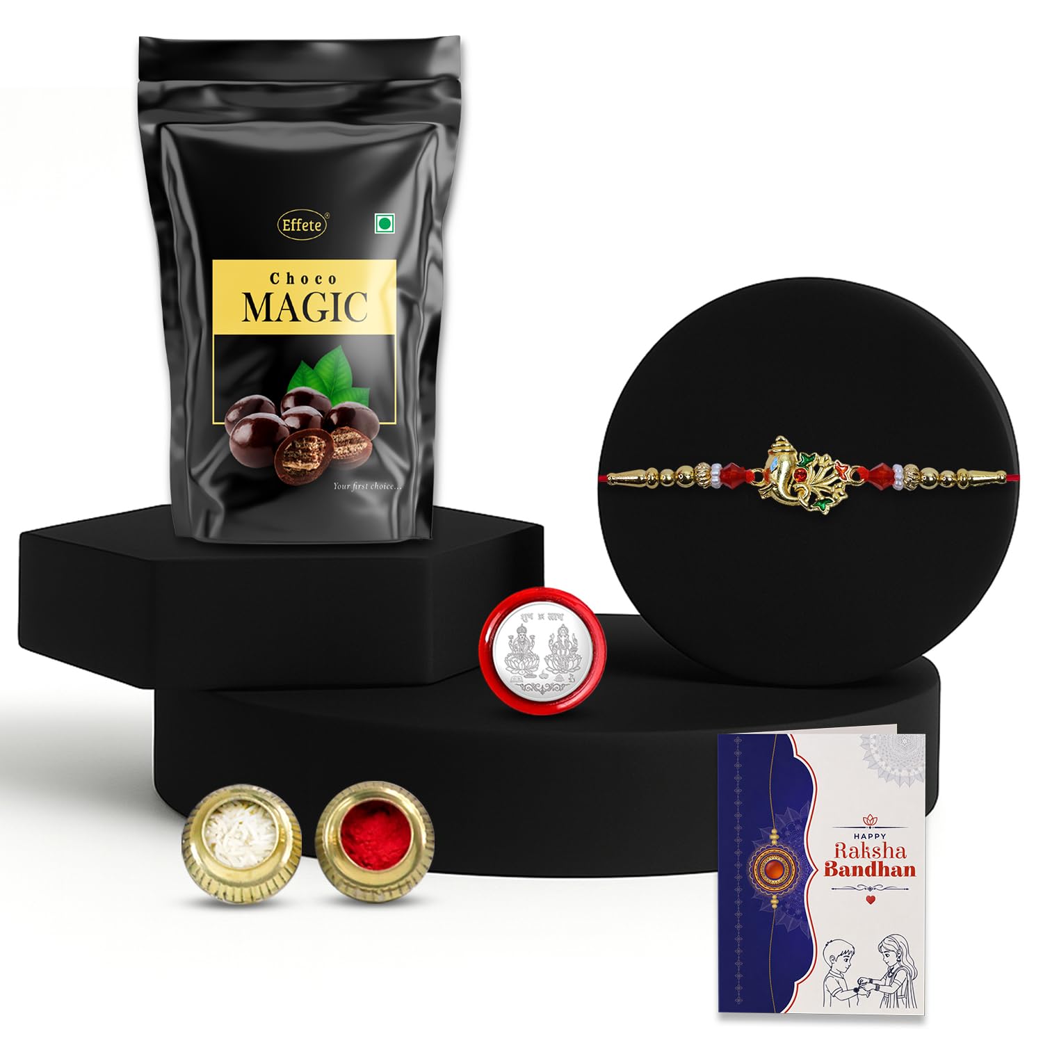 Ganesh Ji Rakhi for Brother with Choco Magic Pouch, Roli Chawal & Card, Pack of 5