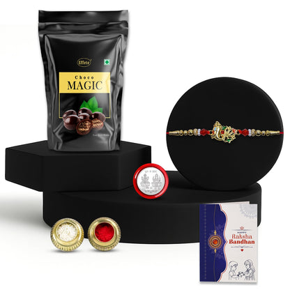 Ganesh Ji Rakhi for Brother with Choco Magic Pouch, Roli Chawal & Card, Pack of 5