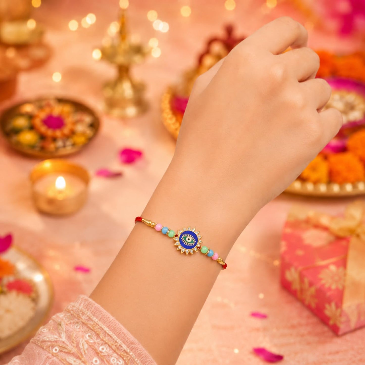 Designer Elegant Rakhi for Brother with Roli Tikka & Card, Pack of 5 | Premium