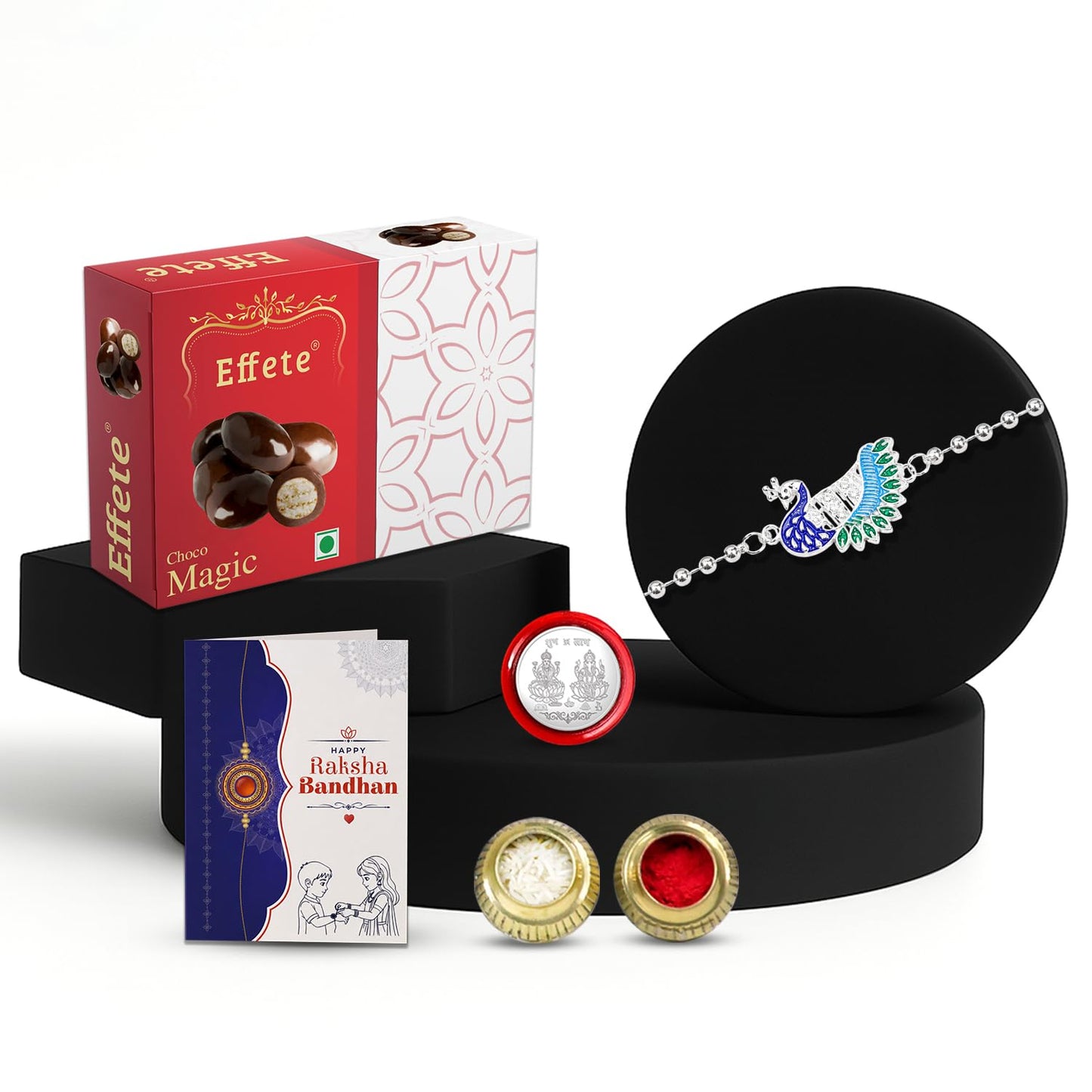 Mor Rakhi for Brother with Chocolate Magic 32gm, Roli Chawal & Card, Pack of 5
