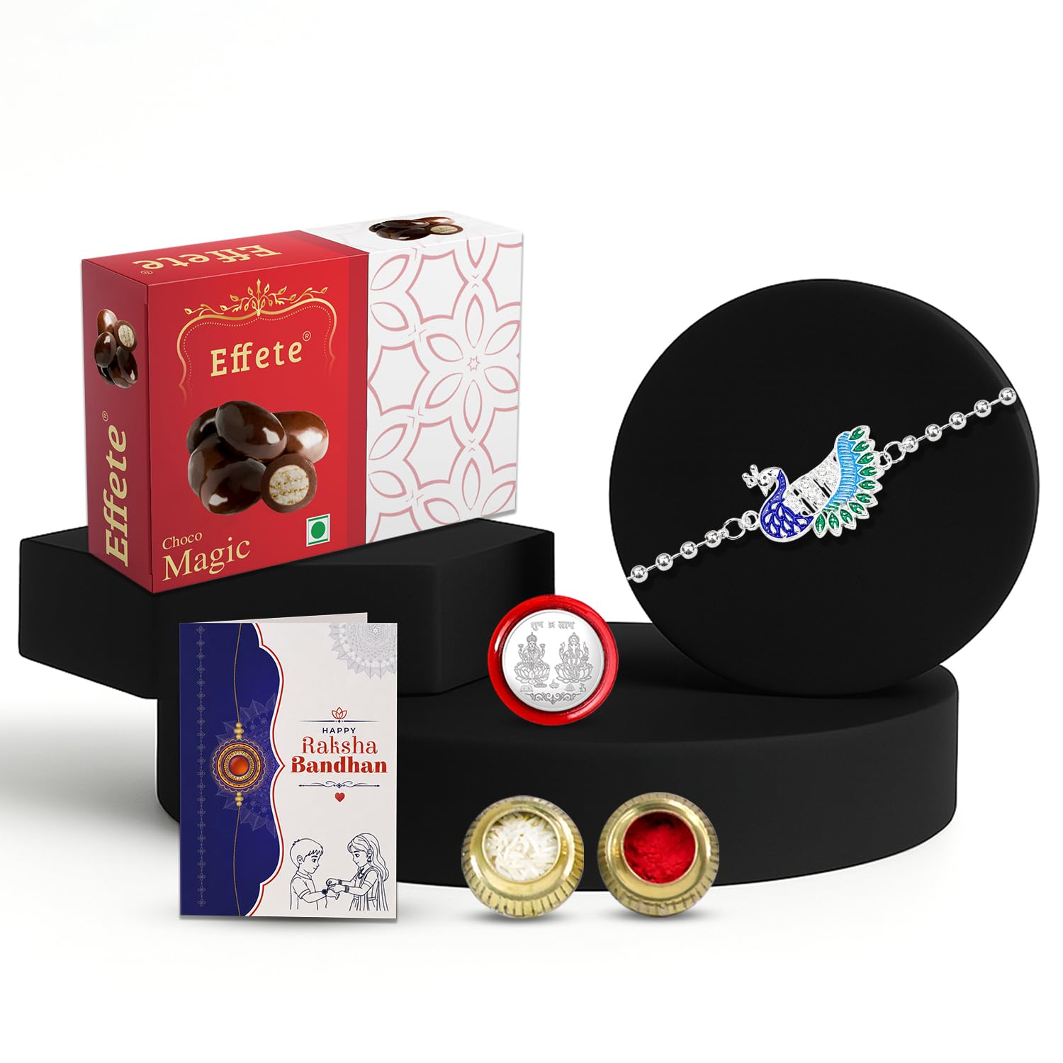 Mor Rakhi for Brother with Chocolate Magic 32gm, Roli Chawal & Card, Pack of 5