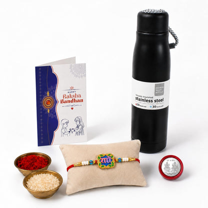 Radhe Rakhi Combo - Raksha Bandhan Gift with Vacuum Water Bottle 550ml, Pack of 5