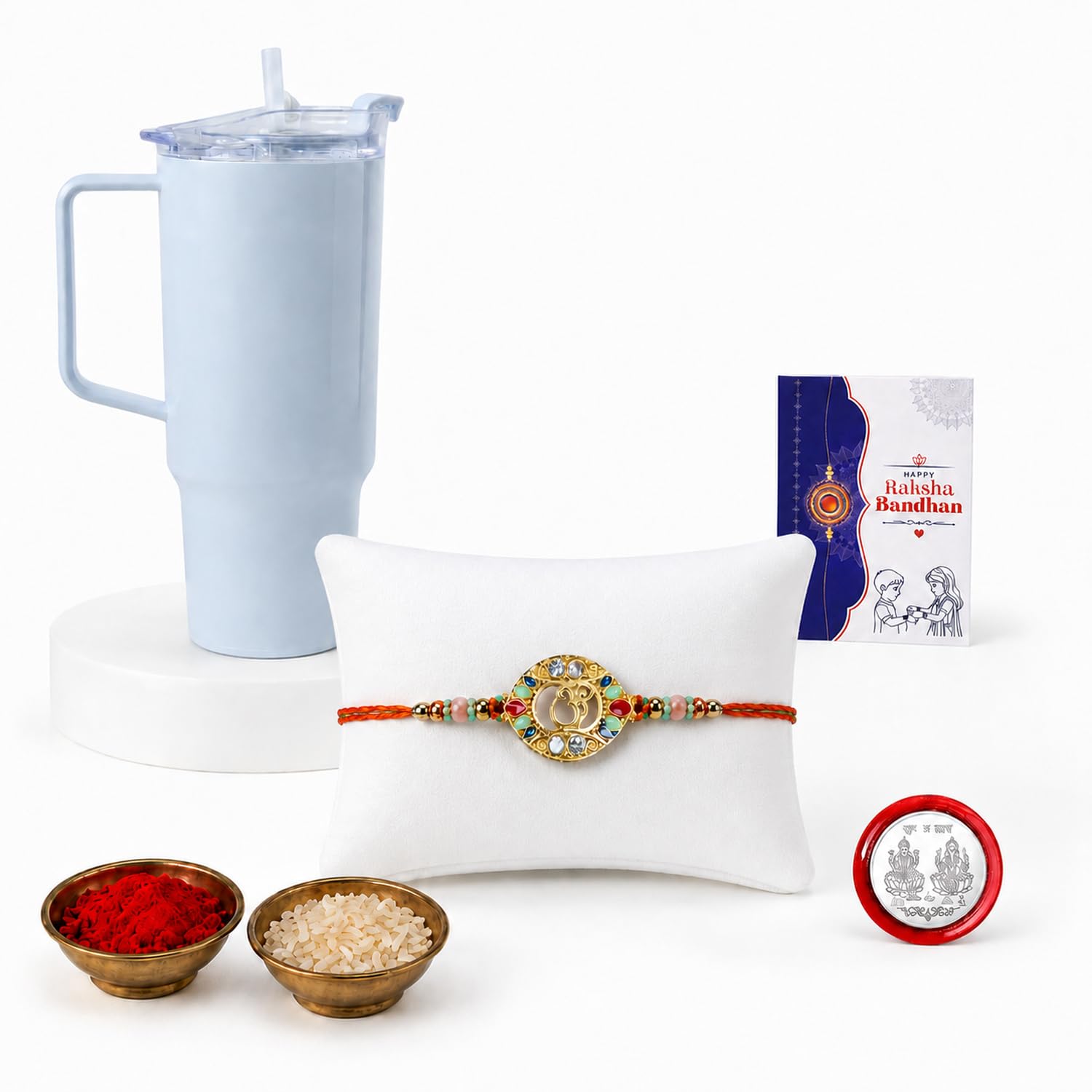 Om Multicolor Rakhi for Brother & Bhaiya with Travel Tumbler-1800ml | Pack of 5