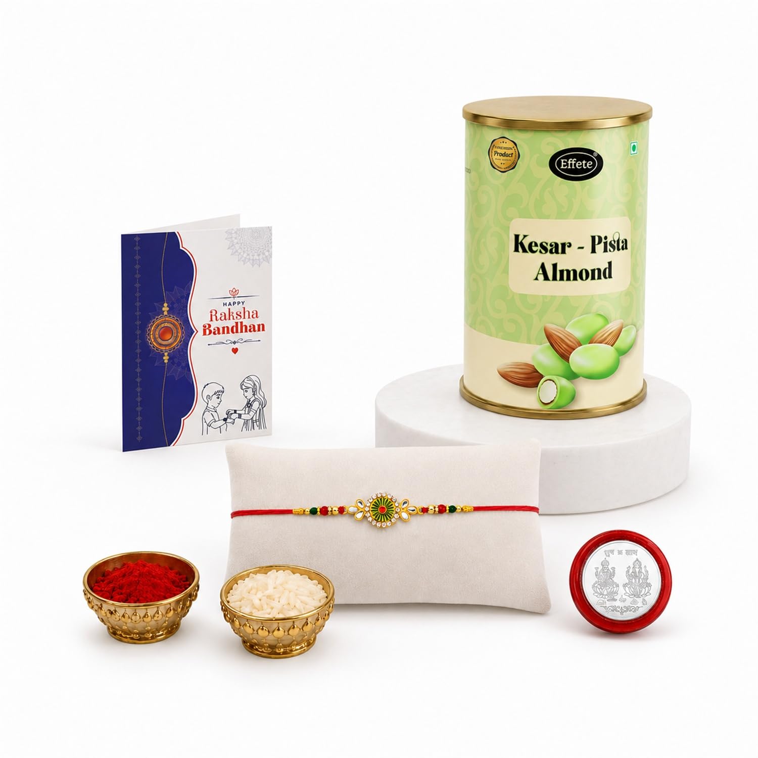 Round Rakhi for Brother with Kesar-Pista Almond 96gm, Coin & Card, Pack of 5