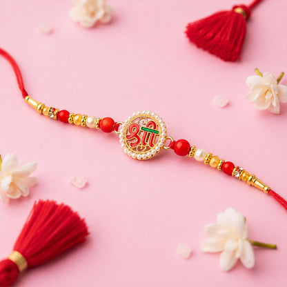 Om charm Rakhi for Brother with Choco Magic Pouch, Roli Tikka & Card, Pack of 6