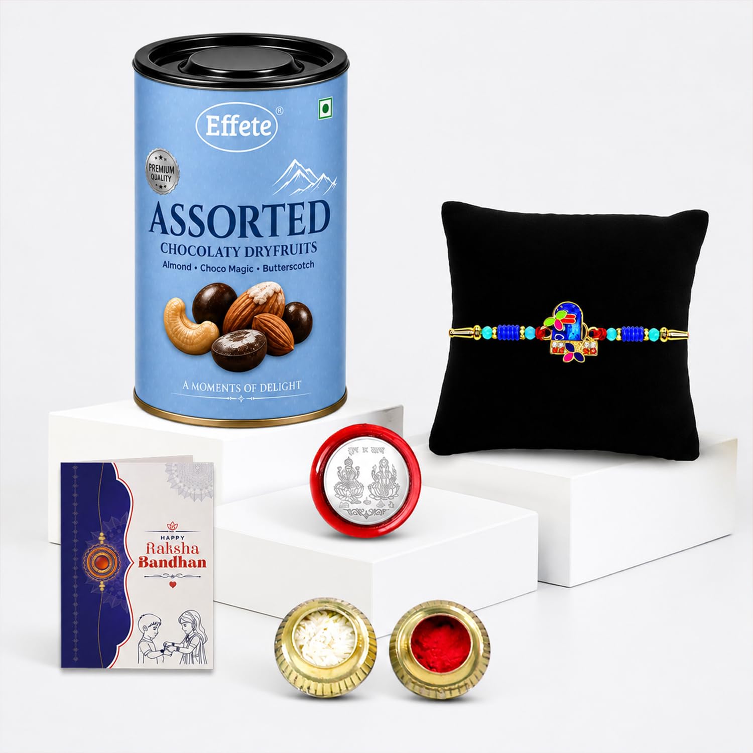 Shivling Rakhi for Brother with Choco Dryfruits 96gm, Coin & Card, Pack of 5