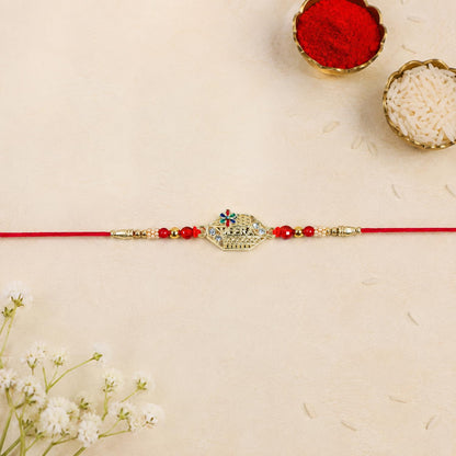 Elegant Rakhi for Brother with Choco Magic Pouch, Roli Chawal & Card, Pack of 5