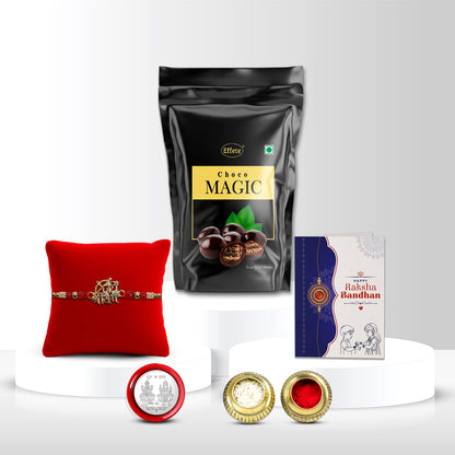 Rakhi with Chocolate for Brother – Raksha Bandhan Combo with Jai Shree Ram Rakhi, Chocolate, Roli Chawal, Silver Color Coin & Greeting Card – Traditional Festival Celebration Set (Pack of 5)