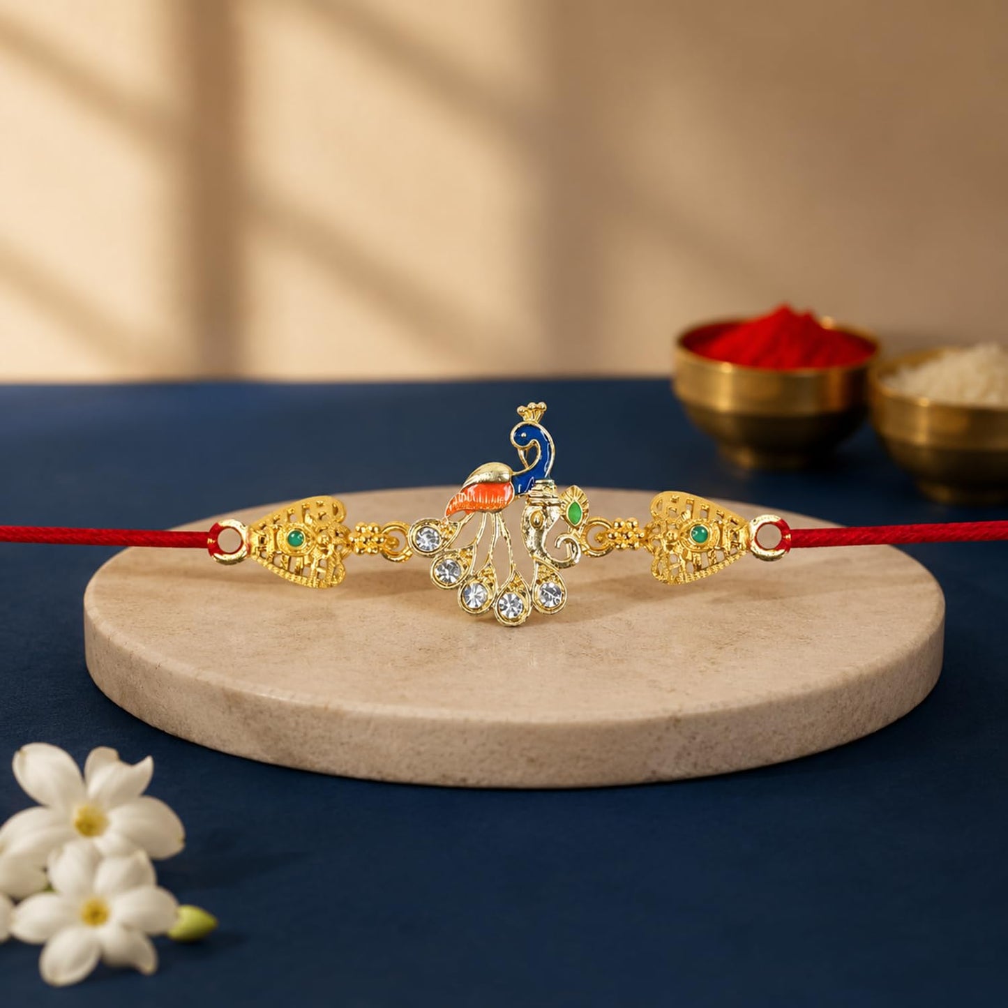 Rakhi with Chocolate for Brother (Set of 7) – Raksha Bandhan Festival Celebration Pack with OM, Flower & Peacock Design Rakhi, Chocolate, Roli Chawal, Silver Color Pooja Coin & Greeting Card