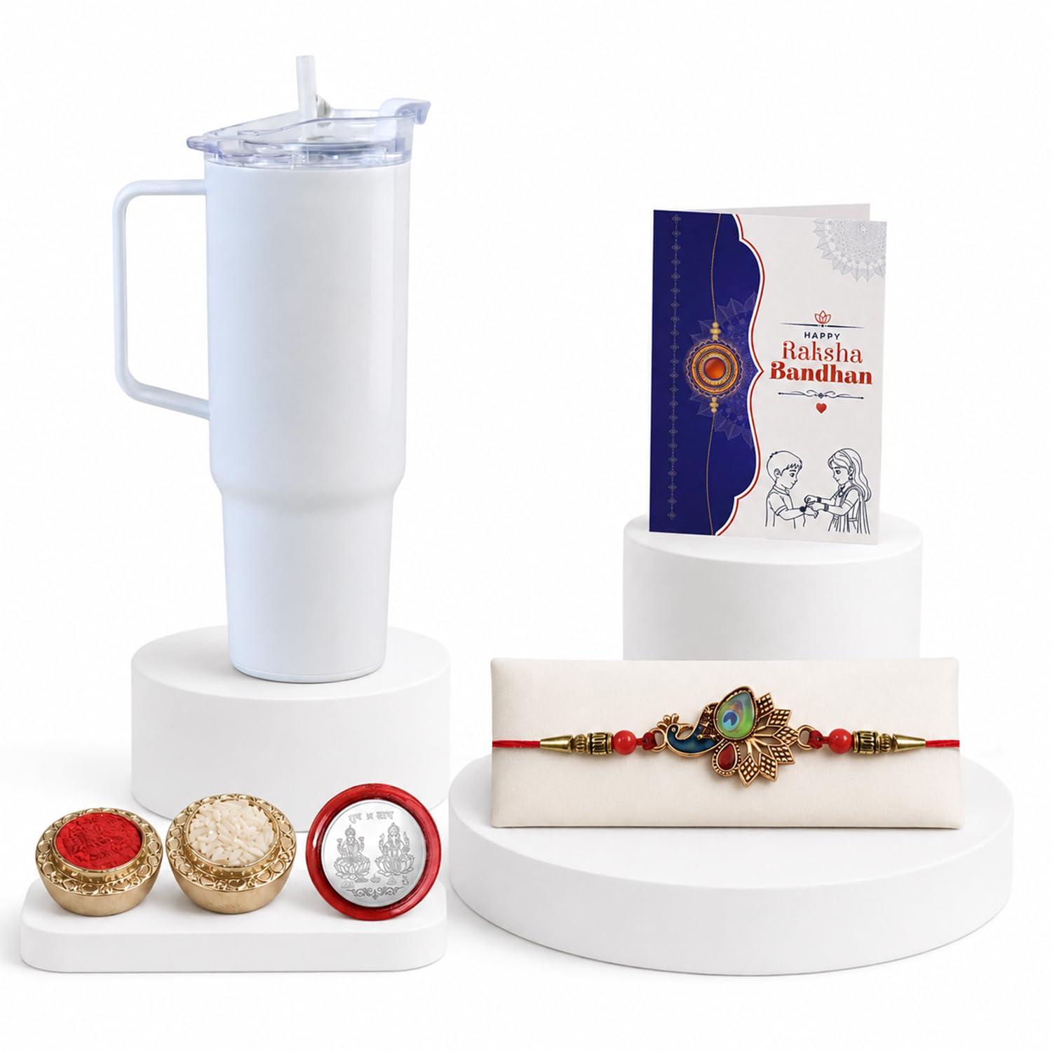 Peacock Rakhi for Brother with Travel Tumbler - Rakshabandhan Gift Set, Pack of 5