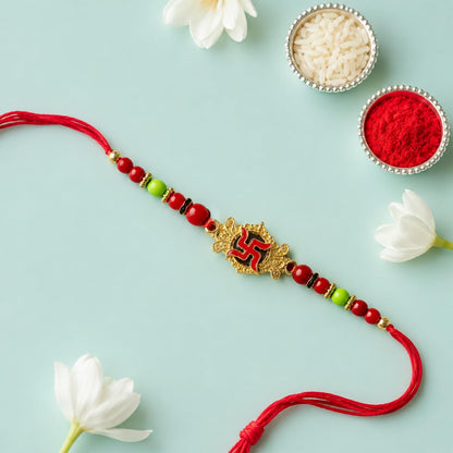 Rakhi with Chocolate for Brother (Set of 6) – Raksha Bandhan Festival Celebration Combo with Shiv Ji & Swastik Design Rakhi, Chocolate, Roli Chawal, Silver Color Pooja Coin & Greeting Card