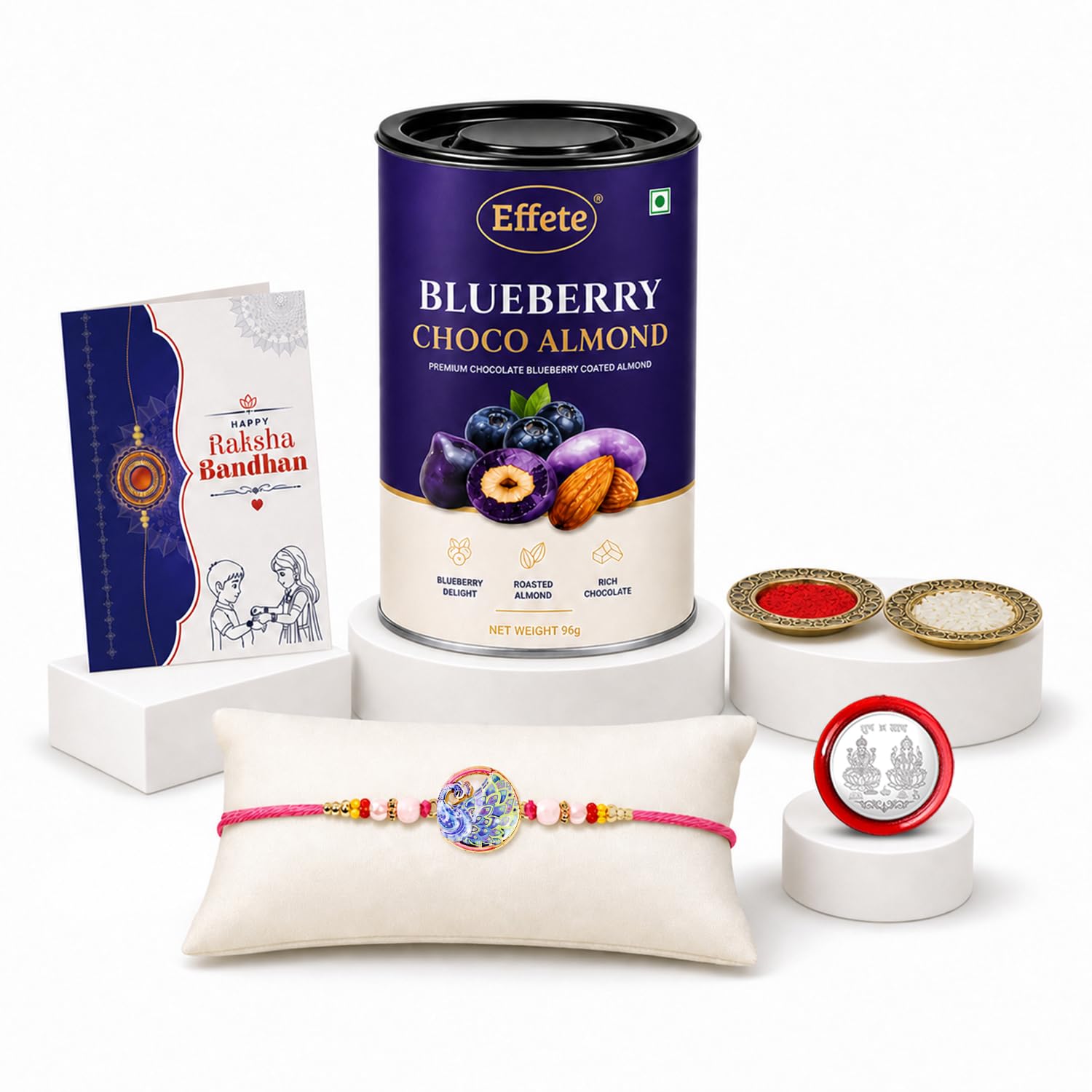 Peacock Rakhi for Brother with Blueberry Almond 96gm, Coin & Card | Pack of 5