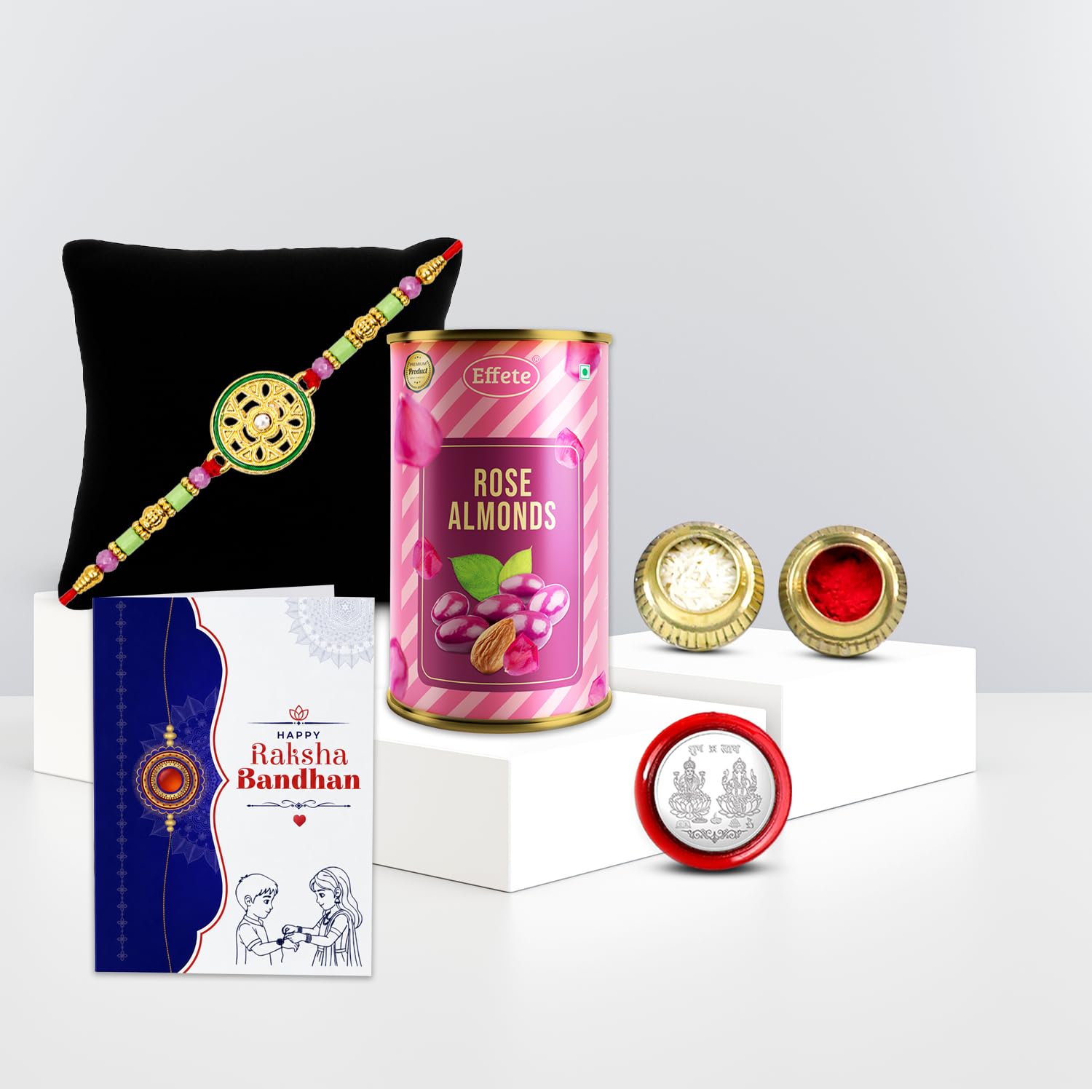 Classic Design Rakhi for Brother with Rose Almond 96gm, Coin & Card, Pack of 5