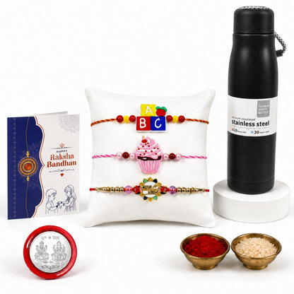 Cupcake Rakhi Combo - Raksha Bandhan Gift with Vacuum Water Bottle 550ml, Pack of 7