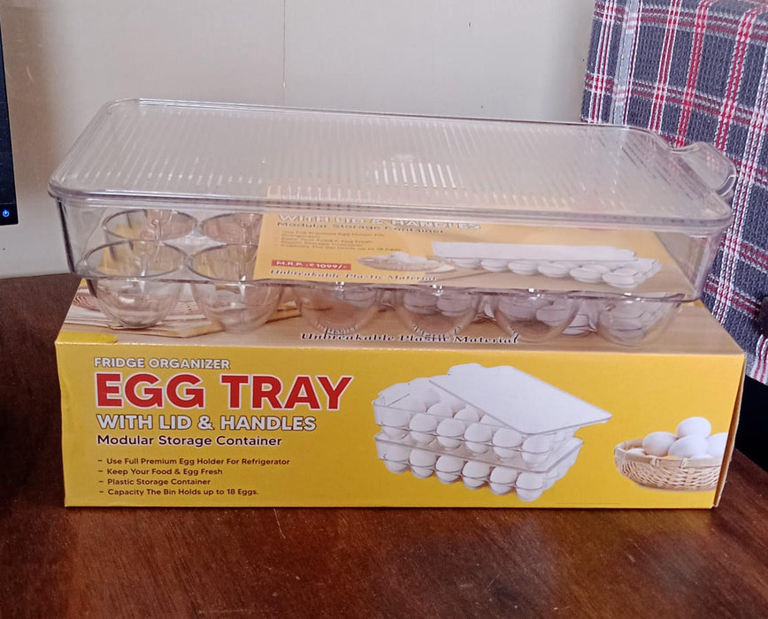 Plastic 18 Cavity Egg Storage Box Or Egg Trays For Refrigerator With Lid & Handles High Quality, Rectangular Egg Tray Box For 18 Egg (1 Pc)