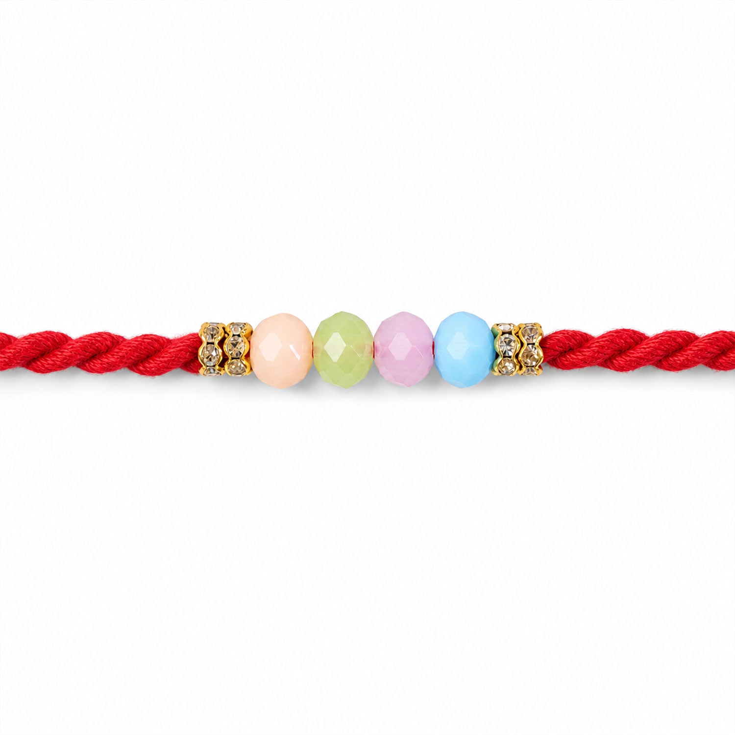 Red Twisted Cord Rakhi with Soft Pastel Multicolour Bead Accents