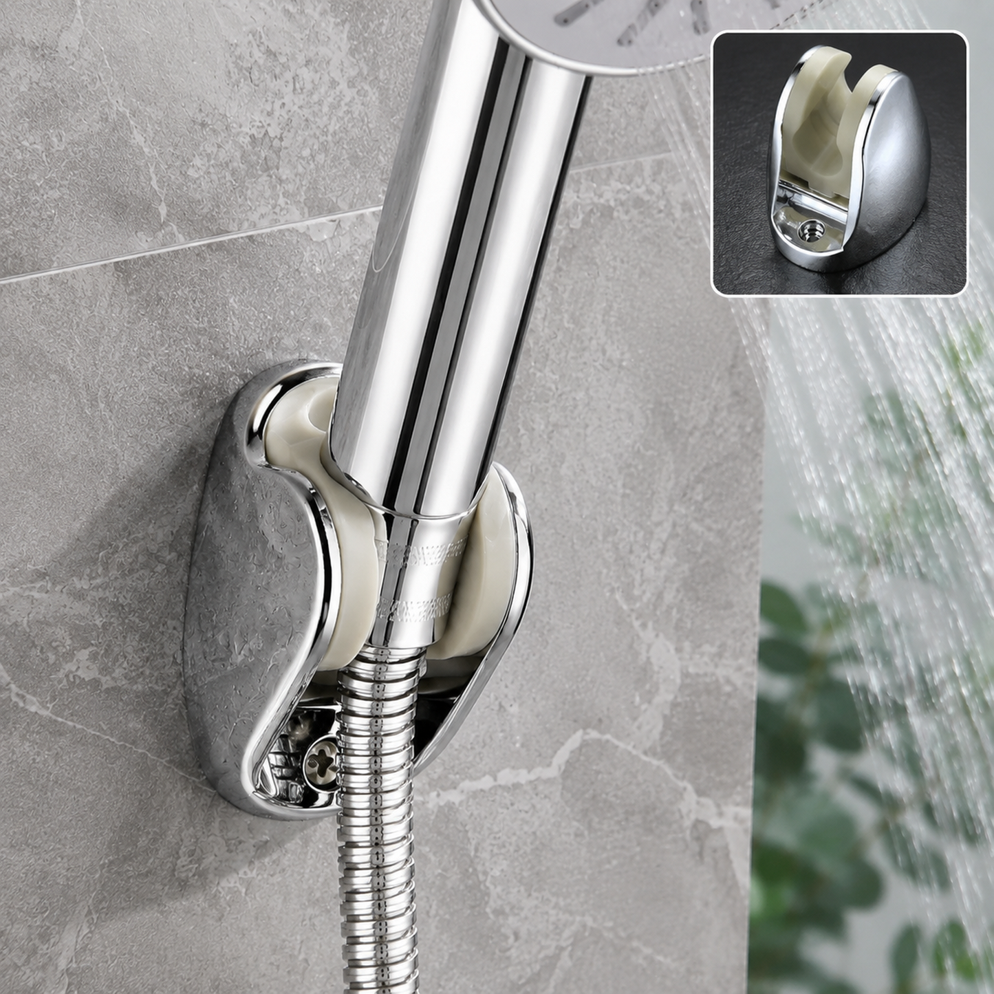 A chrome shower head holder is mounted on a gray tiled wall, holding a silver shower head with water spraying.