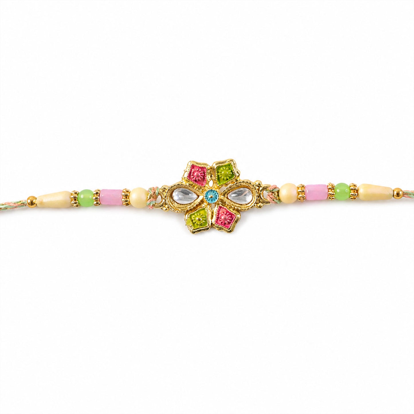 Floral Cross Kundan Pendant Rakhi with Multicolor Beads