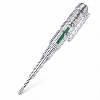 A transparent electrical tester screwdriver with a metal flat head tip and internal green circuit board is angled on a white