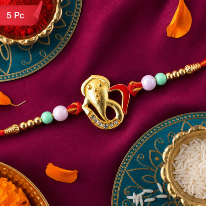 Ganesh Motif Designer Rakhi with Beaded Traditional Finish Work (5pcs)