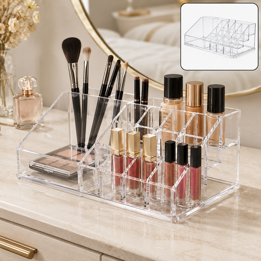 Clear acrylic makeup organizer with various cosmetics on a vanity, with an inset showing an empty organizer.