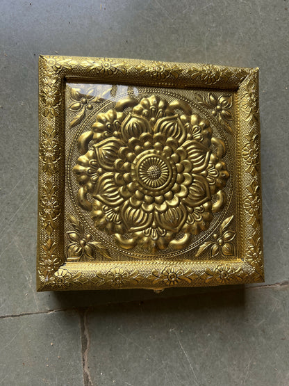 Full view of golden floral mandala embossed metal jewelry box