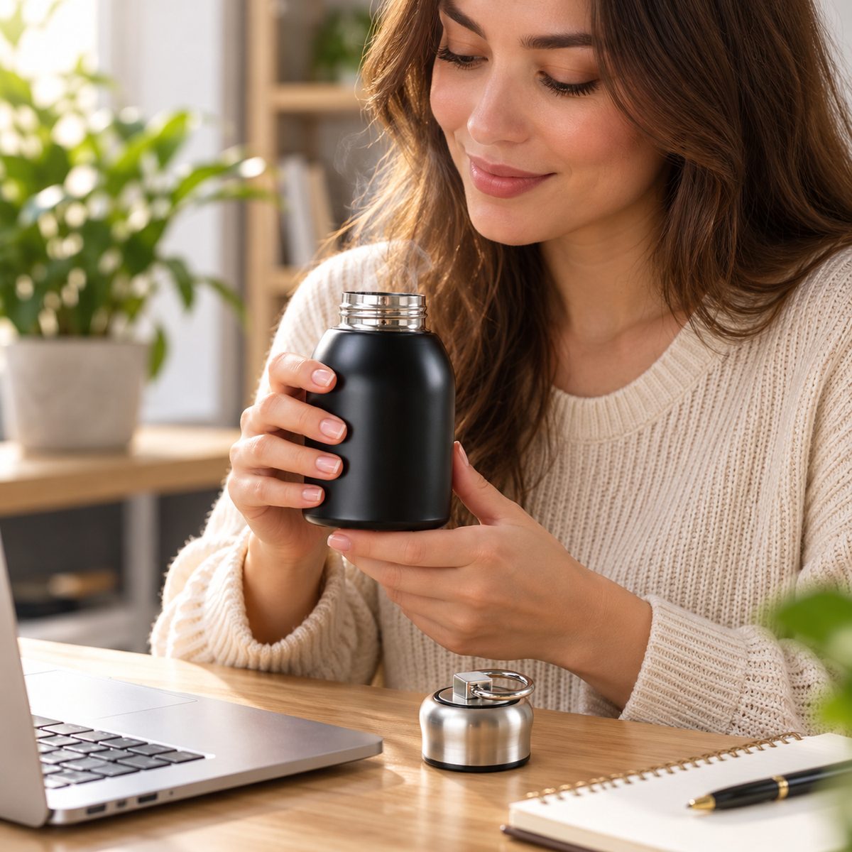 A woman with long brown hair holds a black vacuum bottle, its silver cap removed, while sitting at a desk.