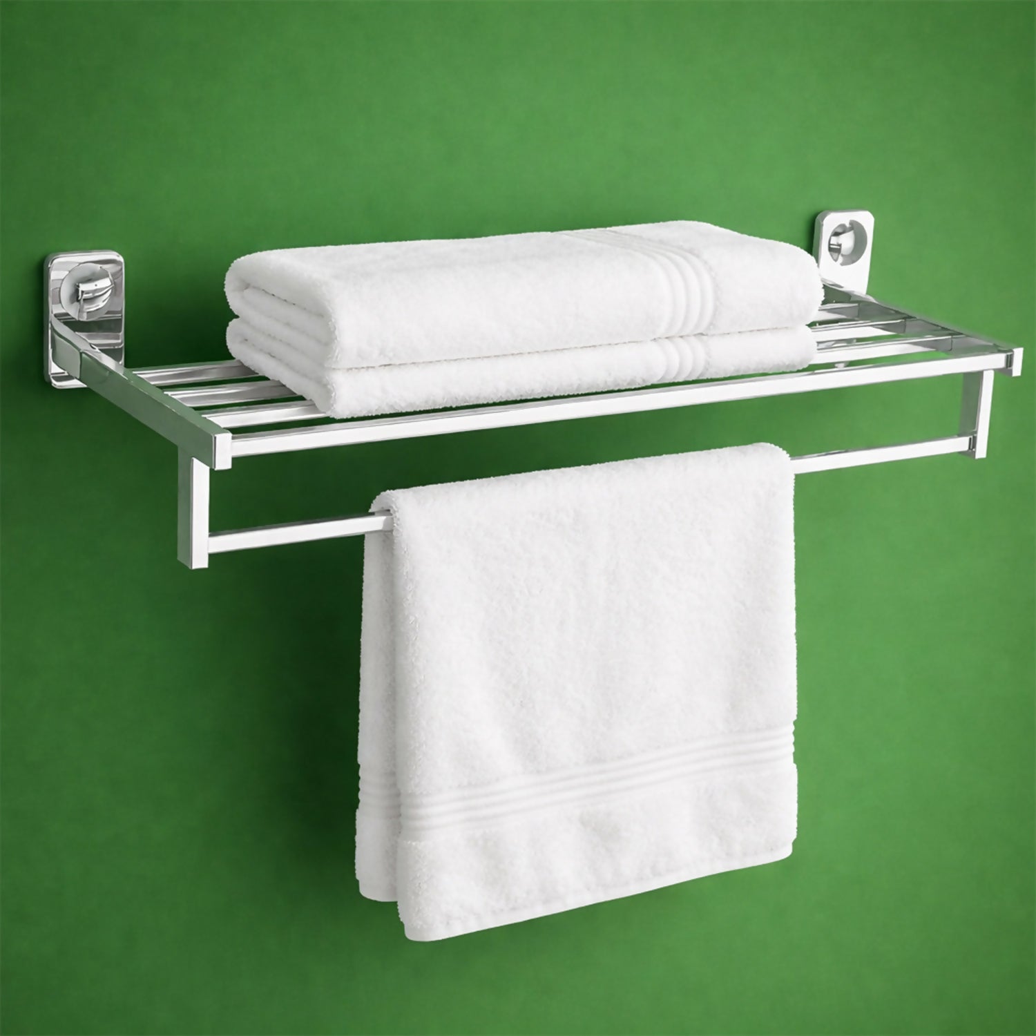 Chrome wall-mounted towel rack with shelf view 1