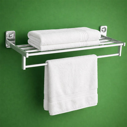 Chrome wall-mounted towel rack with shelf view 1