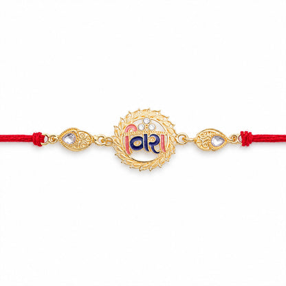 Antique Gold-Toned Vira Rakhi with Multicolor Enamel, Crystal Accents & Red Thread