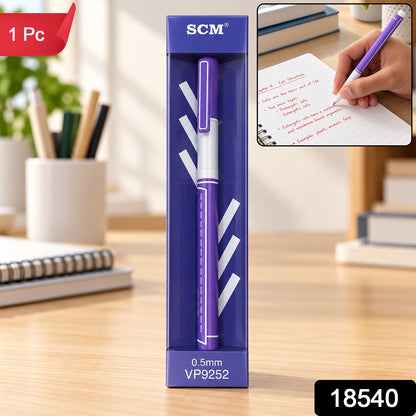 A purple gel pen in clear packaging, with an inset showing a hand writing with the pen on a notebook, and red and black