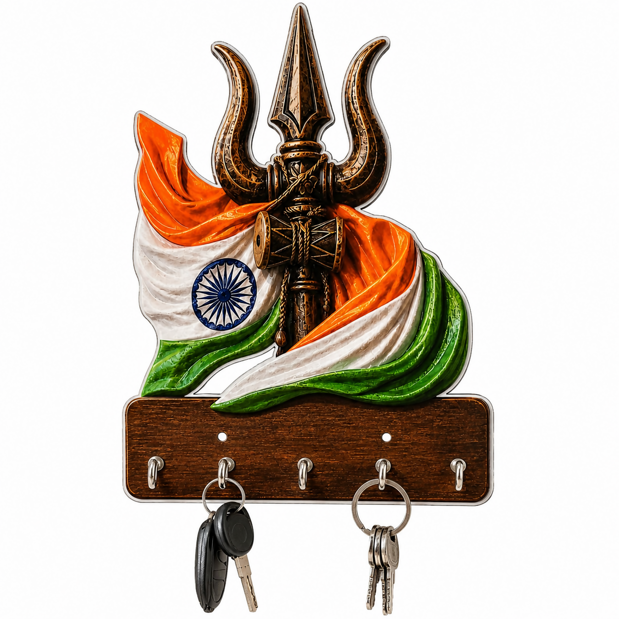 Close-up of Trishul key holder showing Indian tricolor design
