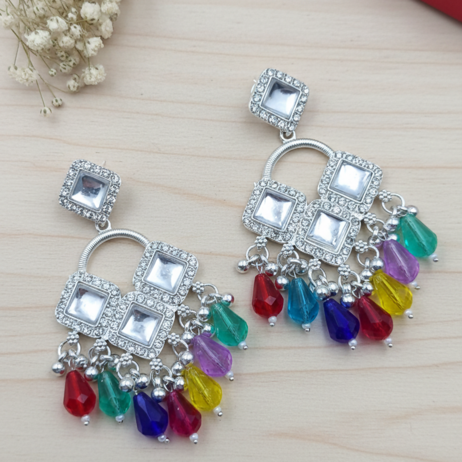 Elegant Silver Plated Chandelier Earrings Featuring Square Crystals and Multi Teardrop Beads