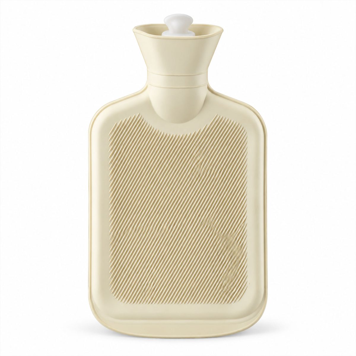 A light yellow hot water bottle with a ribbed texture and a white stopper stands upright on a plain white background.