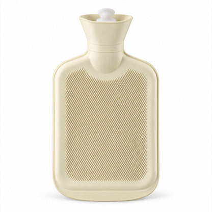 A light yellow hot water bottle with a ribbed texture and a white stopper stands upright on a plain white background.