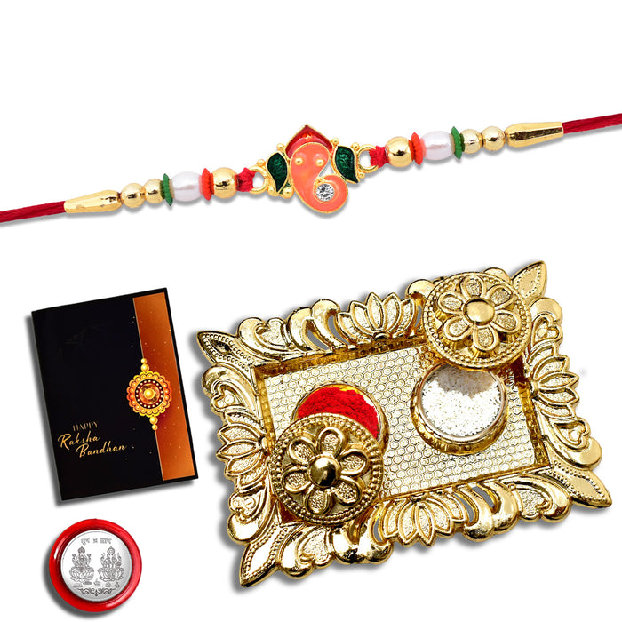 Ganesh Rakhi With Beads And Mina With Square Pooja Thali Set ,Silver Color Pooja Coin, Roli Chawal & Greeting Card