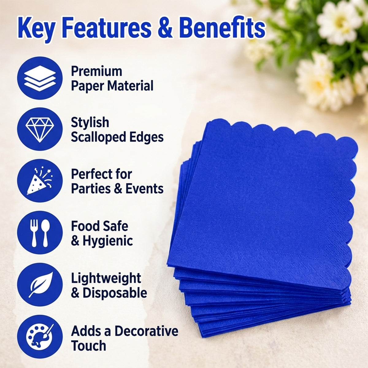 Blue Scalloped Edge Disposable Paper Napkins for Parties (30 Pc)