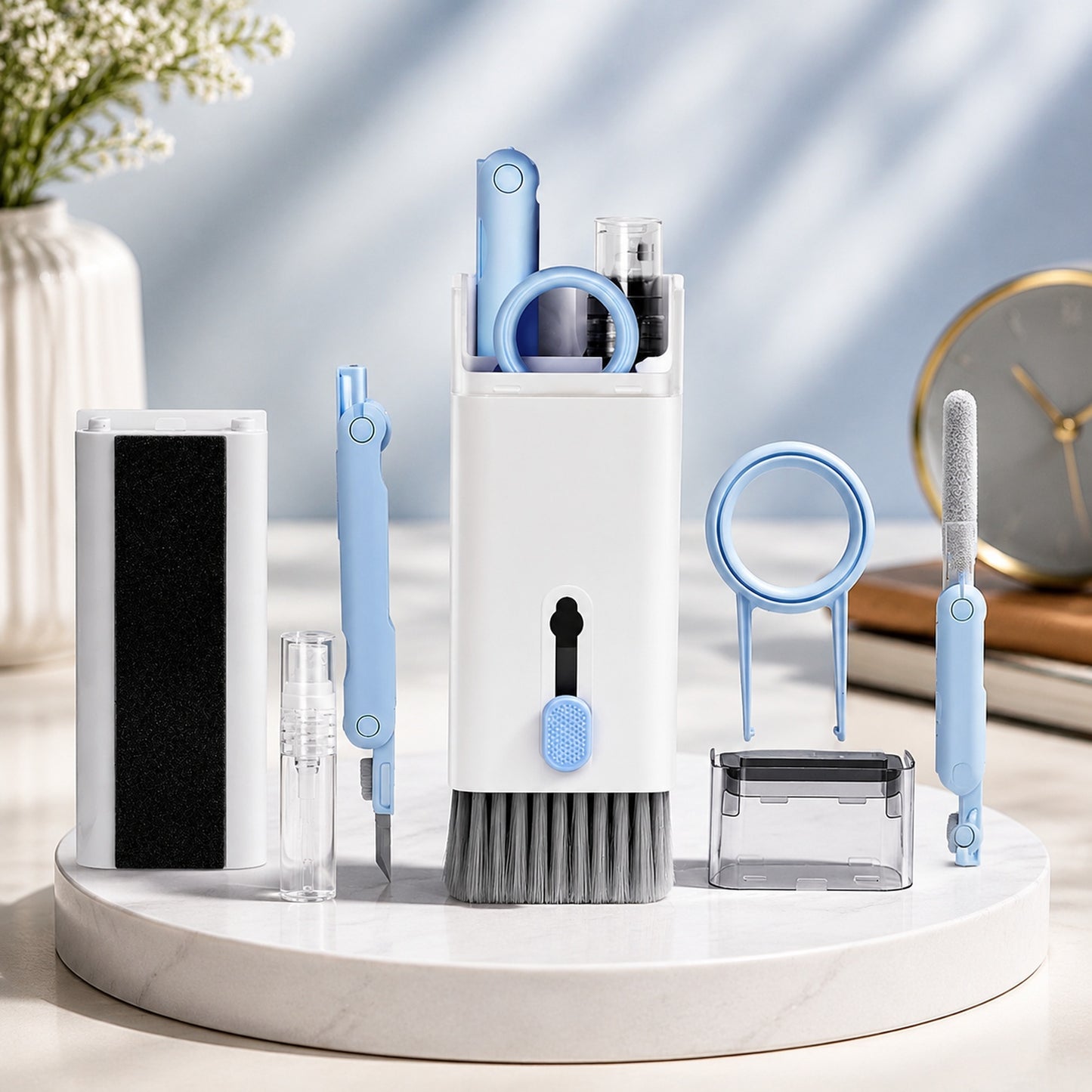 A white and light blue 7-in-1 electronic cleaning kit with various tools displayed on a white stand.