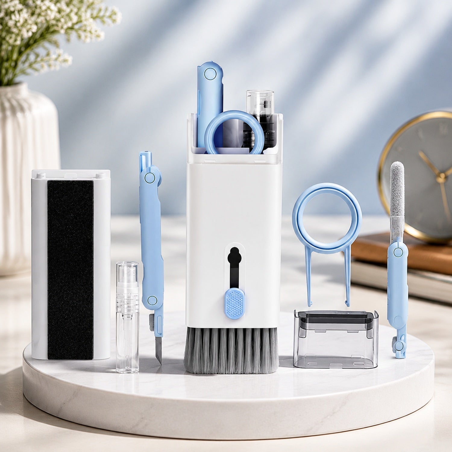 A white and light blue 7-in-1 electronic cleaning kit with various tools displayed on a white stand.