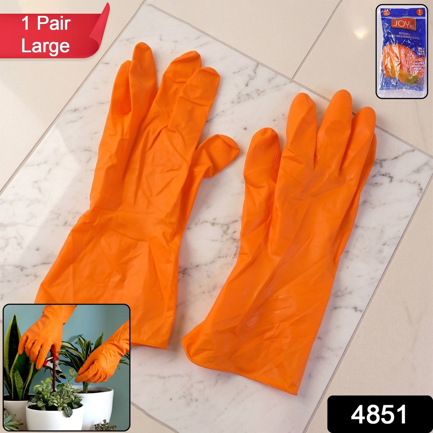 Pair of orange dishwashing gloves