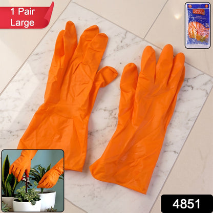 Pair of orange dishwashing gloves